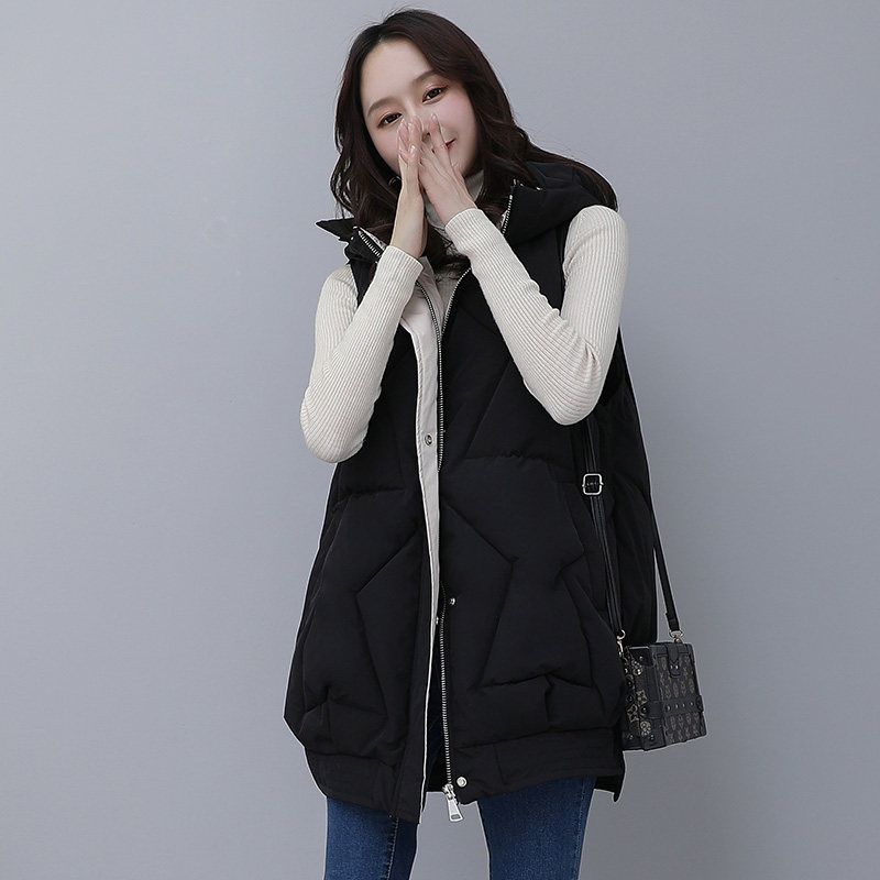 韩版女中长款连帽宽松拼色棉马甲 零五七一世家圣毅马夹