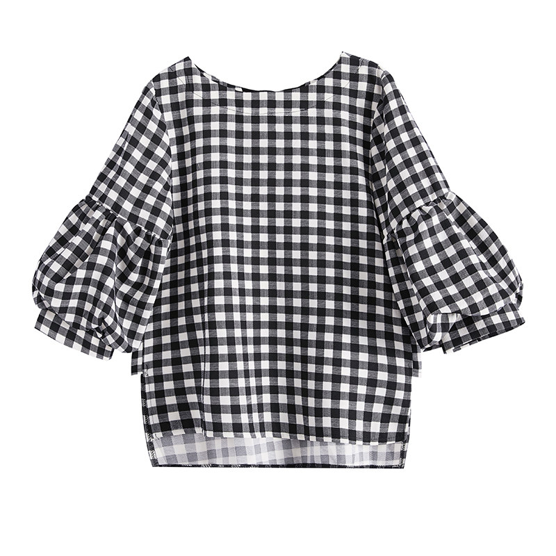 韩版女七分袖格子千鸟格小衫衬衫 零五七一世家圣毅衬衫