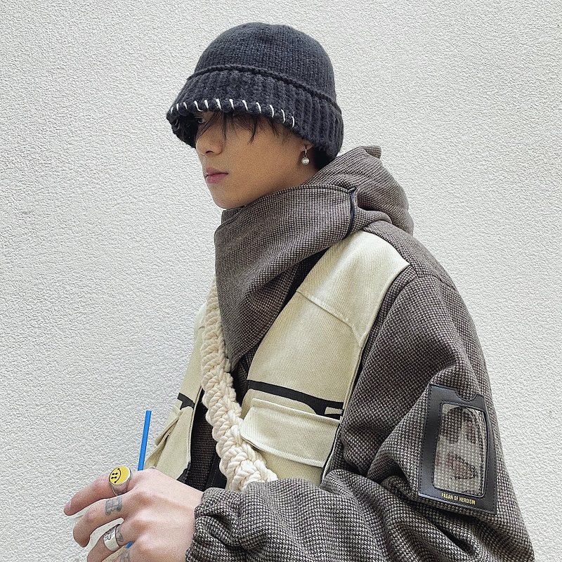 韩国设计师锁边大头围毛线渔夫帽帽子男显脸小秋冬针织盆帽水桶帽,淘宝优惠券,粉丝福利购,淘宝优惠卷