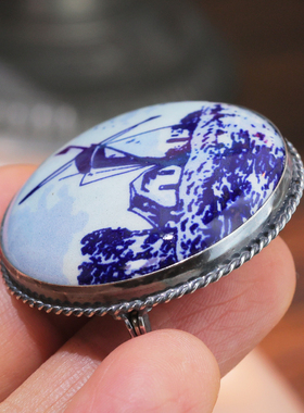 回流vintage中古荷兰手绘Delft Blue德尔夫特蓝风车胸针 银标印记