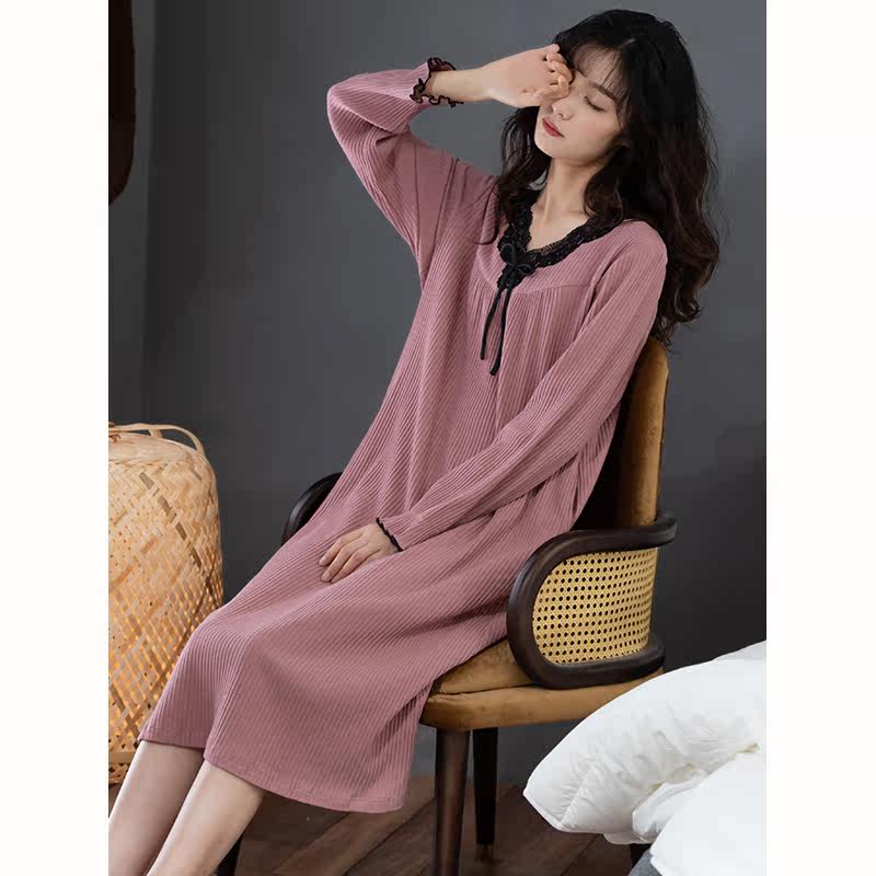 女士纯棉长袖甜美连体可外穿睡裙 康汝雅睡裙