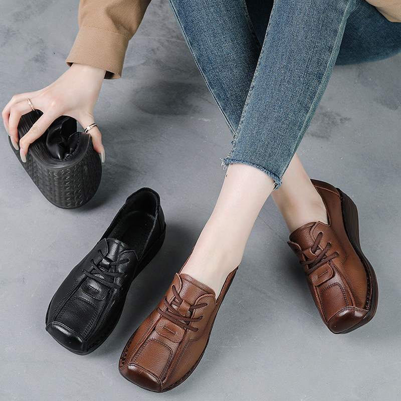 头层牛皮厚底坡跟软底防滑妈妈鞋春秋款真皮皮鞋女牛筋底复古单鞋,淘宝优惠券,粉丝福利购,淘宝优惠卷