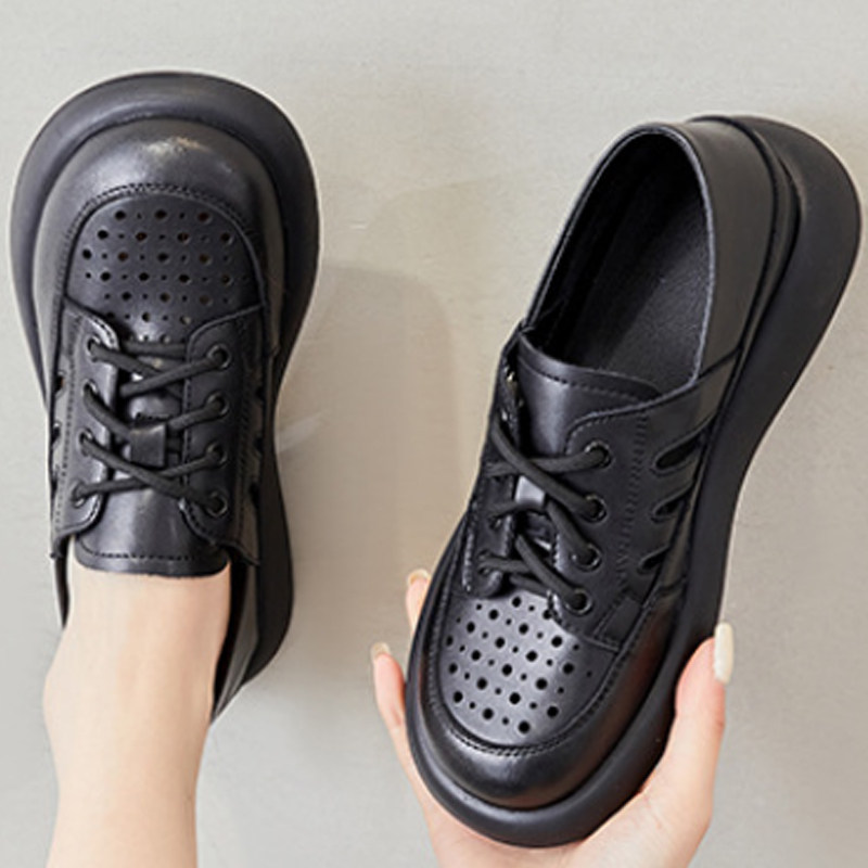 2023夏季新款真皮厚底鞋子女凉鞋洞洞妈妈鞋软底宽脚大头复古皮鞋,淘宝优惠券,粉丝福利购,淘宝优惠卷