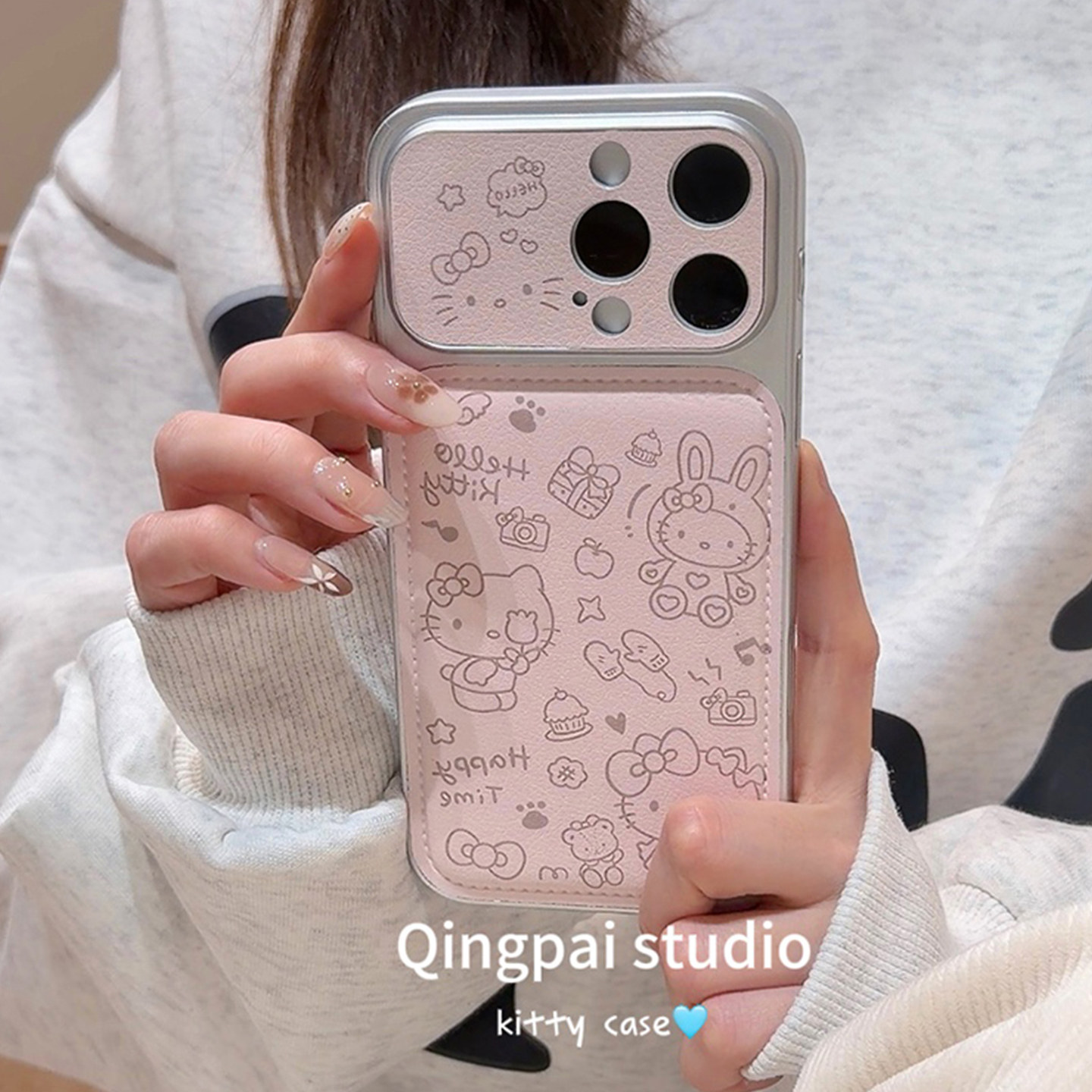 轻派可爱皮质粉色线条猫咪适用苹果17promax手机壳iphone16pro新款15女款14日韩风少女心13银色边框全包硬壳,淘宝优惠券,粉丝福利购,淘宝优惠卷