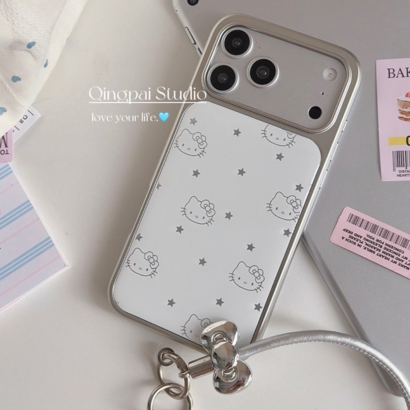 轻派ins白色线条星星猫咪挂绳适用苹果17promax手机壳iphone16pro新款15女款14银色边框13小众高级感全包硬壳 - 图2