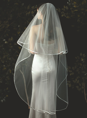 韩式简约新款新娘结婚婚纱头纱 绸缎包边 婚纱礼服头饰配件