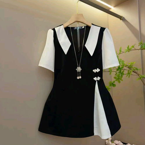 假两件条纹短袖上衣胖mm显瘦大码女装拼接盘扣衬衫新款2026洋气衫 - 图0