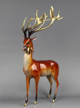 新中式铜鹿摆件客厅玄关灵芝黄铜鹿工艺品一路高升北欧家装饰品