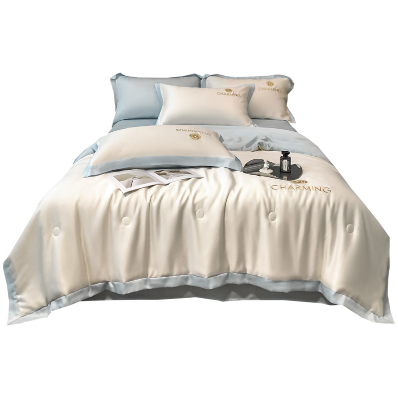夏季冰丝四件套双人欧式凉感薄被子 艾云化纤被