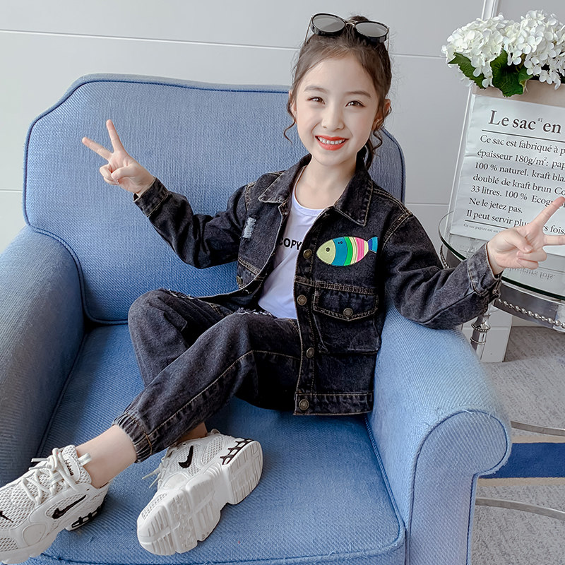 女童套装秋装2020新款洋气上衣裤子 黑尼木木套装