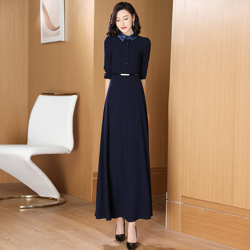 藏蓝色2021秋季新款收腰气质连衣裙 婧涵服饰连衣裙