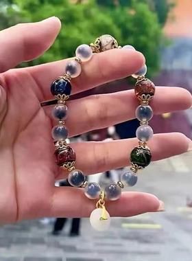 半糖香灰琉璃手串白蓝色糖心玛瑙平安扣祥云手链男女情侣水晶手饰