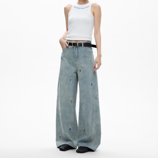 ສີ Cartoon Bear Embroidered Jeans Women's 2026 Summer New Loose Slim Straight Wide Leg Casual Pants