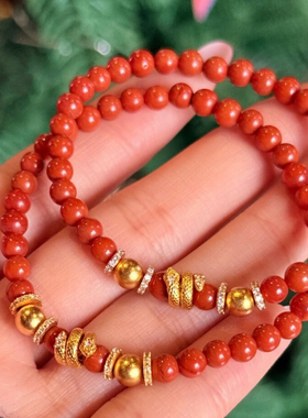 2025新春灵蛇纳福天然南红玛瑙小米珠手串古法金卷卷蛇本命年红色