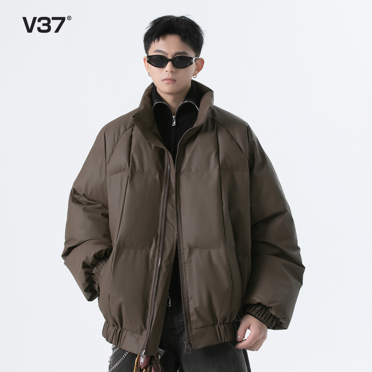 V37黑色cleanfit棉衣外套男2025冬季新款美式校园风潮牌棉服夹克 - 图2
