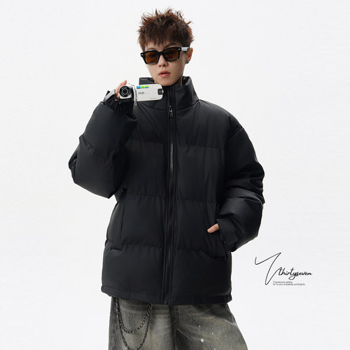 V37美式潮牌刺绣设计感立领棉服男冬季宽松复古加厚PU皮棉衣外套 - 图3