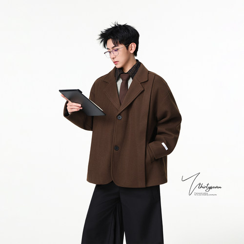 V37英伦风高街棕色毛呢西装外套男秋韩系宽松高级感痞帅翻领西服 - 图2