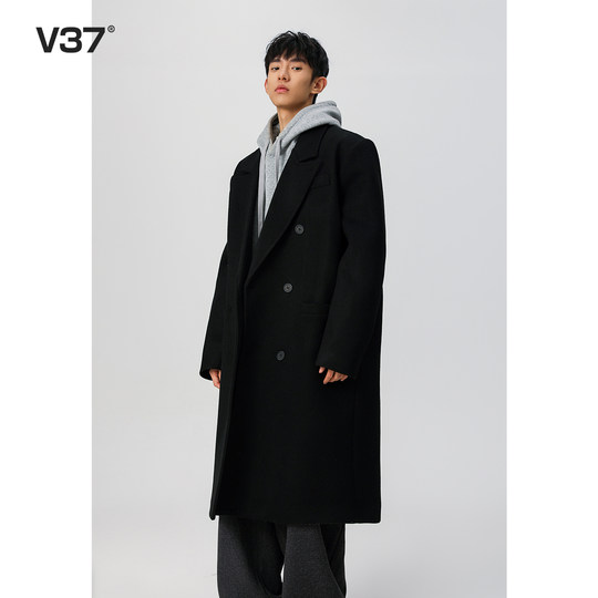 V37黑色高级感毛呢大衣男款2025春秋季长款韩版呢子加厚风衣外套