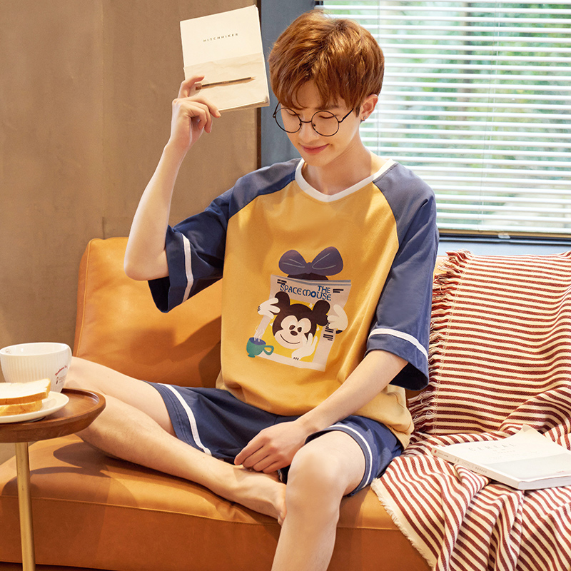 韩姿朵旗舰店睡衣男夏季纯棉韩版卡通休闲大码宽松男士家居服夏天短袖两件套装1