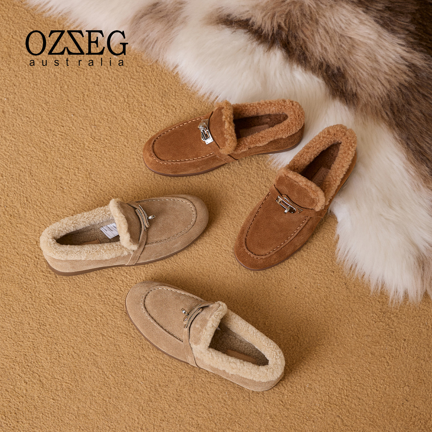 OZZEG2025新款kelly扣舒适保暖豆豆鞋女羊皮毛一体乐福单鞋25D26,淘宝优惠券,粉丝福利购,淘宝优惠卷