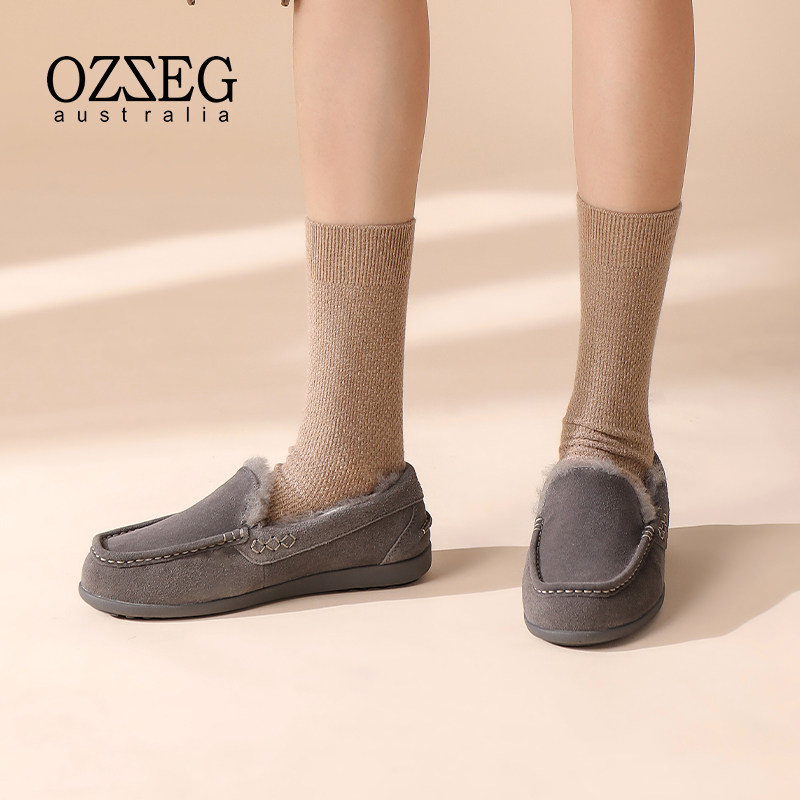 OZZEG澳泽格真皮豆豆鞋女单鞋秋冬新款软底平底一脚蹬加绒保暖鞋,淘宝优惠券,粉丝福利购,淘宝优惠卷
