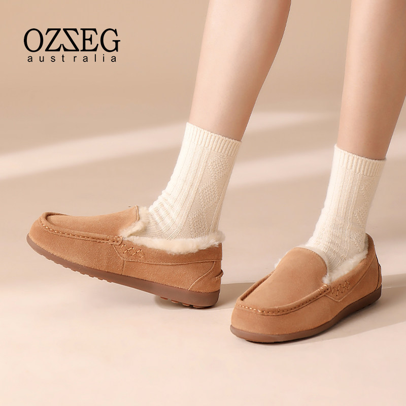 OZZEG澳泽格真皮豆豆鞋女单鞋秋冬新款软底平底一脚蹬加绒保暖鞋,淘宝优惠券,粉丝福利购,淘宝优惠卷