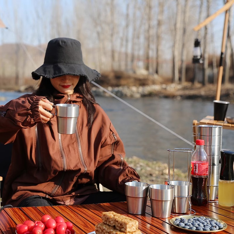 户外野营双层6件水杯子不锈钢304食用级露营茶杯咖啡杯啤酒杯折叠 - 图1