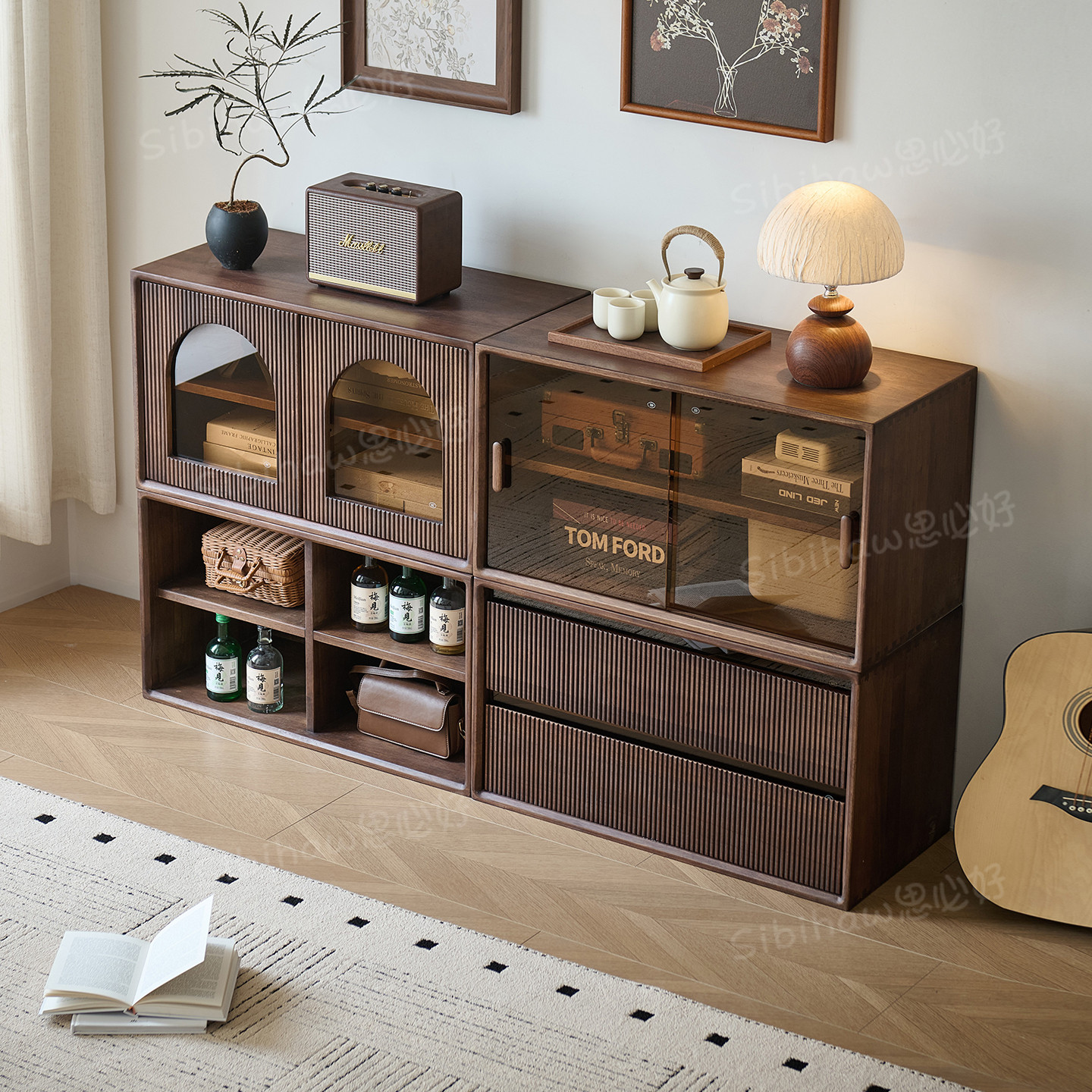 North American black walnut modular cabinet all solid wood bookcase storage display cabinet sideboard living room combination cabinet TV cabinet