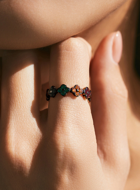 摩典S925纯银彩虹四叶草甜酷戒指