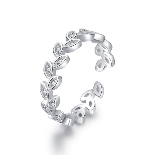 MODIAN摩典百搭甜酷S925纯银满钻幸运树叶开口戒指通勤百搭食指戒 - 图3
