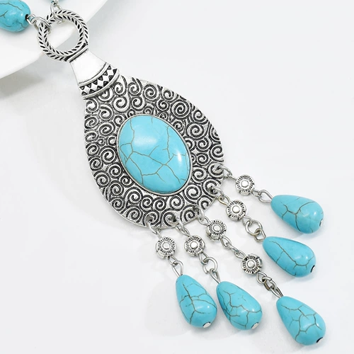 Модный длинный бирюзовый металлический аксессуар, резная цепь с кисточками, ожерелье, стиль бохо
