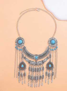 民族风复古做旧仿松石流苏项链女