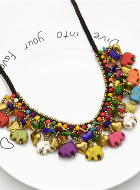 波西米亚彩色大象碎石项链印尼