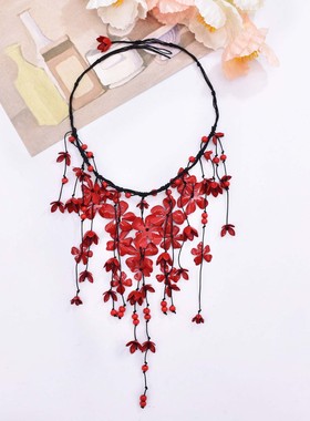 新款欧美三色长流苏立体花朵项链