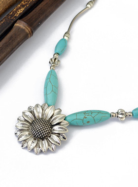 复古做旧银向日葵仿松石项链女