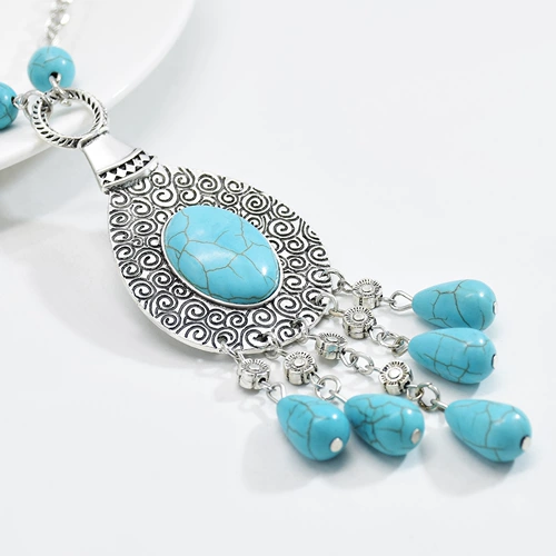 Модный длинный бирюзовый металлический аксессуар, резная цепь с кисточками, ожерелье, стиль бохо