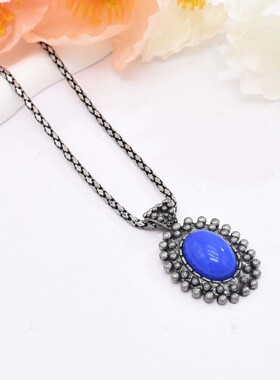 菱形格圆链条亚克力宝石吊坠项链