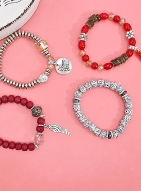 波西米亚民族风串珠多层红色手链