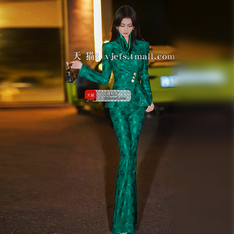 VJE春装名媛风气质减龄提花套装女新款小西服微喇叭裤两件套 - 图2