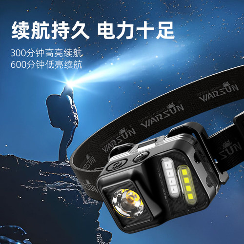 沃尔森头灯强光超亮超长续航登山户外感应充电头戴夜钓专用照明灯 - 图2