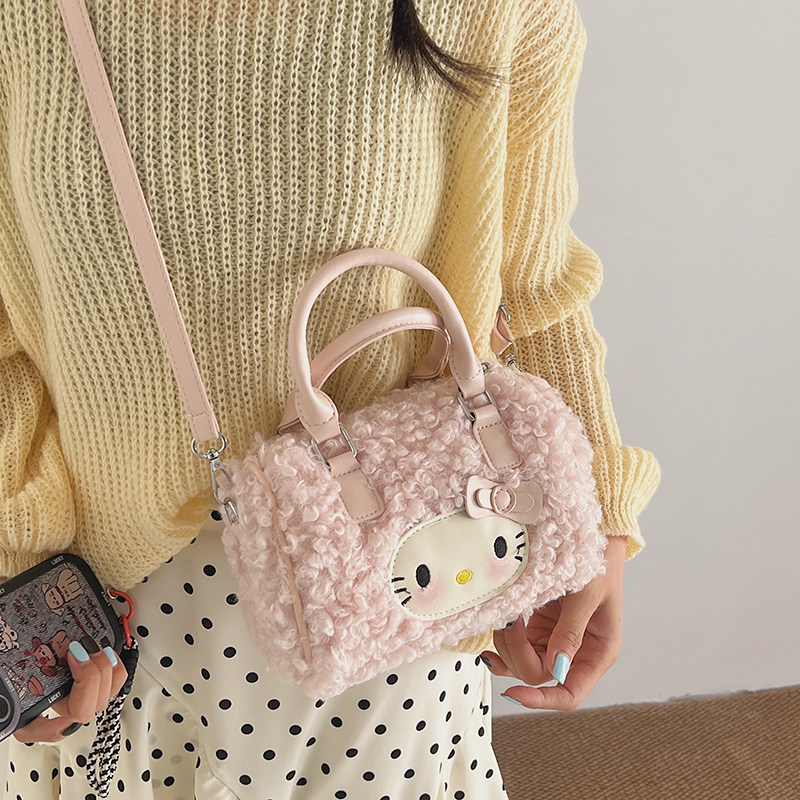 可爱HelloKitty毛绒波士顿包包女韩少女风单肩斜挎包小众手提包,淘宝优惠券,粉丝福利购,淘宝优惠卷