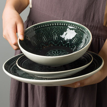 Art beautiful Ice Cracked Glaze Solar dishes Dish Tray Three Ceramic Bowl tray Coated Fruit Pan Plates Deep Pan Large Bowl