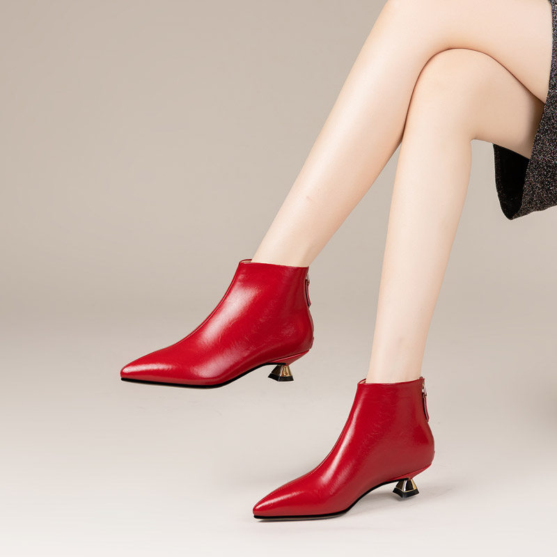 真皮小短靴女红色尖头低跟短筒加绒及踝靴猫跟单靴马丁靴裸靴女靴,淘宝优惠券,粉丝福利购,淘宝优惠卷