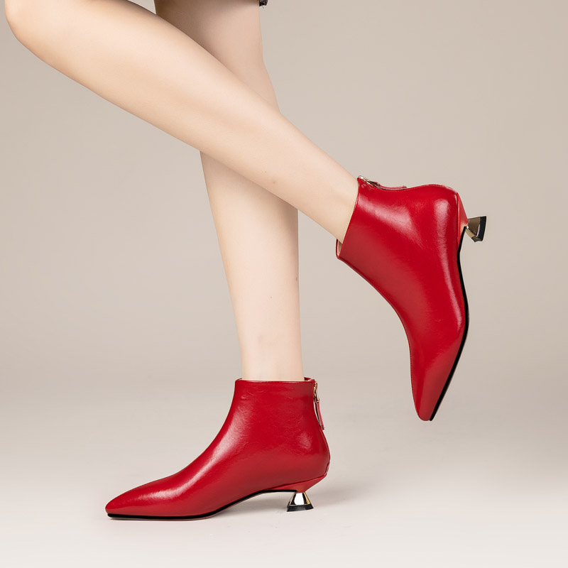 真皮小短靴女红色尖头低跟短筒加绒及踝靴猫跟单靴马丁靴裸靴女靴,淘宝优惠券,粉丝福利购,淘宝优惠卷