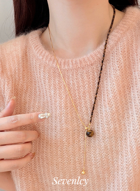 新品【秋意渐浓】不对称虎眼石圆球抽拉项链毛衣链高级