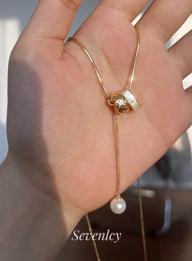 新品 菱格小蛮腰 轻奢小香~高级贝壳珍珠长款项链毛衣链