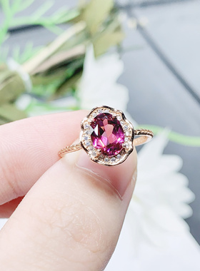 天然石榴石戒指火彩爆闪S925银精工镶嵌女开口玫红色指环礼物