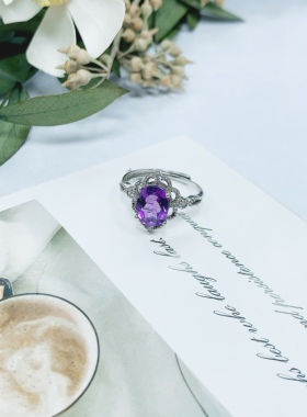 天然紫水晶戒指925银复古宫廷风女开口可调节指环新年情人节礼物