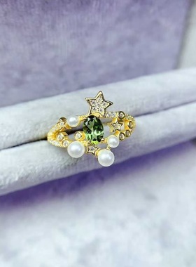 新款绿色碧玺戒指925银镶嵌女开口时尚轻奢饰品送女友新年礼物