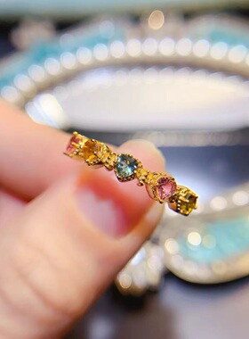 天然碧玺戒指925银镶嵌开口女日韩简约时尚饰品